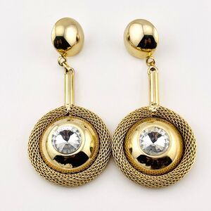 Gold Tone Statement Mesh Round Dome Drop MCM Earrings with Rhinestone Accent VTG